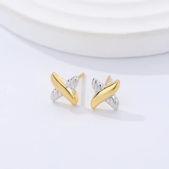 18k Yellow Gold Plated over 925 Sterling Silver Small Stud "X" Earrings - Picture 3 of 4